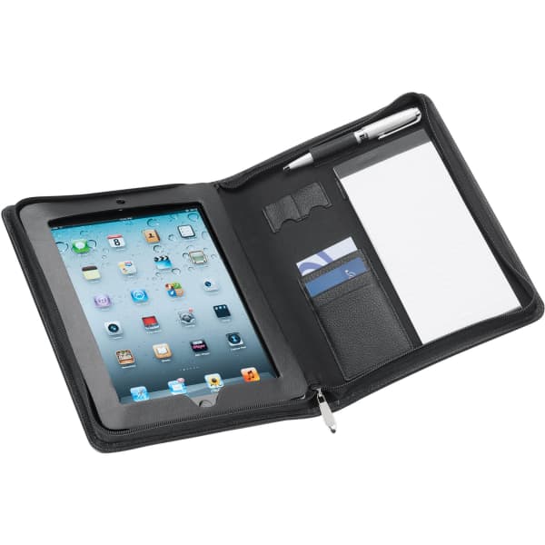A black iPad cover featuring an interior with a notepad, card slots, and a pen holder.