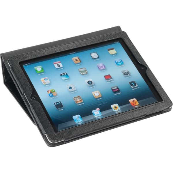 A black iPad cover with a tablet displayed, featuring multiple app icons on the screen.