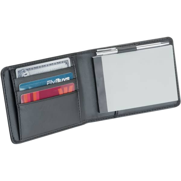 A black notepad card holder with slots for cards and a blank notepad section. Features a sleek design.