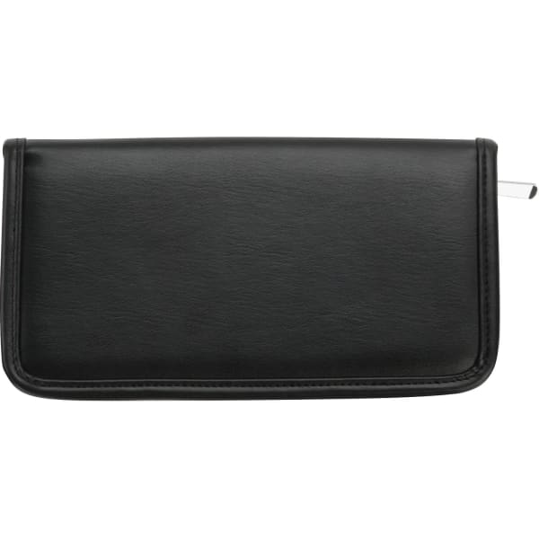 A black travel wallet with a smooth texture, featuring a simple design and a logo on the front.