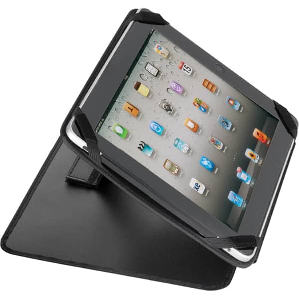 An iPad holder in black, featuring a sleek design and a supporting stand, with a logo present.