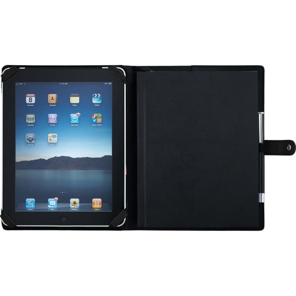 A black journal book featuring a snap closure, an interior for a tablet, and a pen holder.