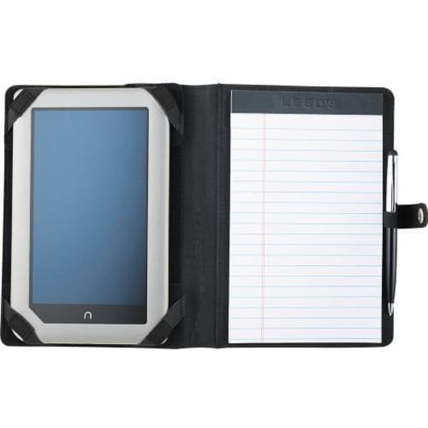 A black padfolio with a snap closure, featuring a device pocket, lined notepad, and a pen holder.