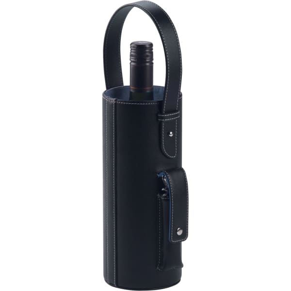 A drink bottle carrier in black, featuring a handle and side pocket, with contrasting stitching and a logo.