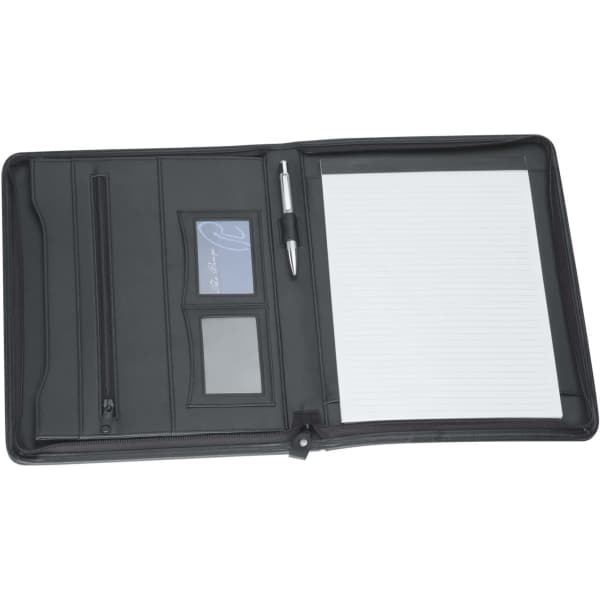 A4 zippered compendium in black, featuring a notepad, pen, and pockets for cards and documents.