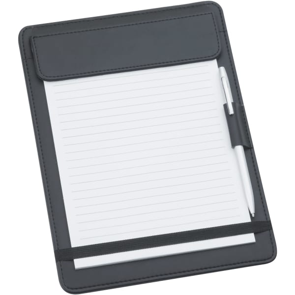 A5 black leather-look jotter featuring lined pages, a pen holder, and a secure flap closure. Includes branding.