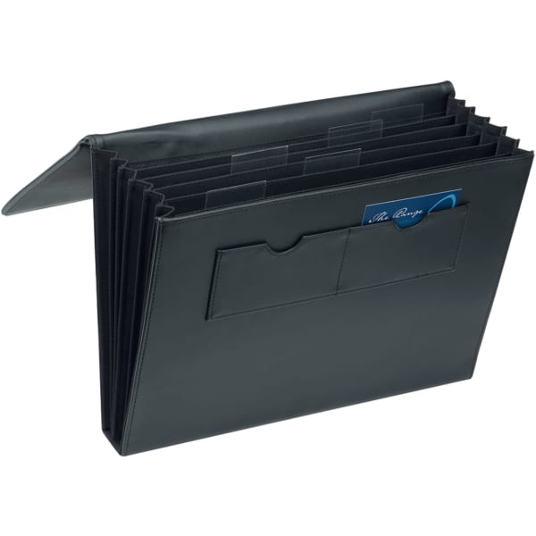 A4 expandable file portfolio in black with multiple compartments and a front pocket for business cards.