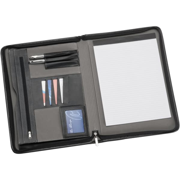 A black zippered A4 compendium featuring compartments for pens, cards, and a notepad.