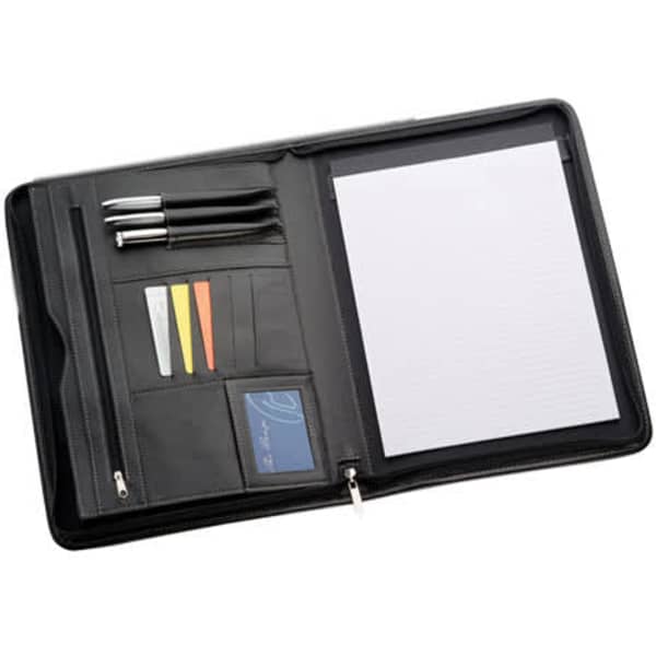 A4 non-leather compendium in black with internal pockets, pens, and a notepad. Features a zip closure.