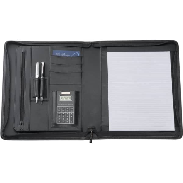 A4 bonded leather compendium in black, featuring pockets, a calculator, pens, and lined paper. Includes a logo.