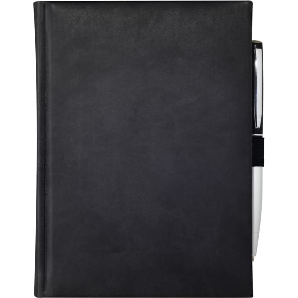 A black bound journal with a pen attached, featuring a smooth cover and a sleek design.