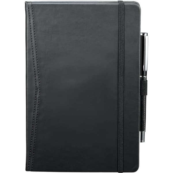 A black pocket bound journal with a pen attached, featuring a textured cover and an elastic band.
