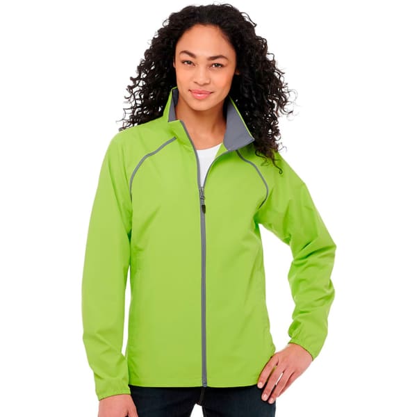 A women's packable rain jacket in bright green with grey accents and a collar, featuring a logo.