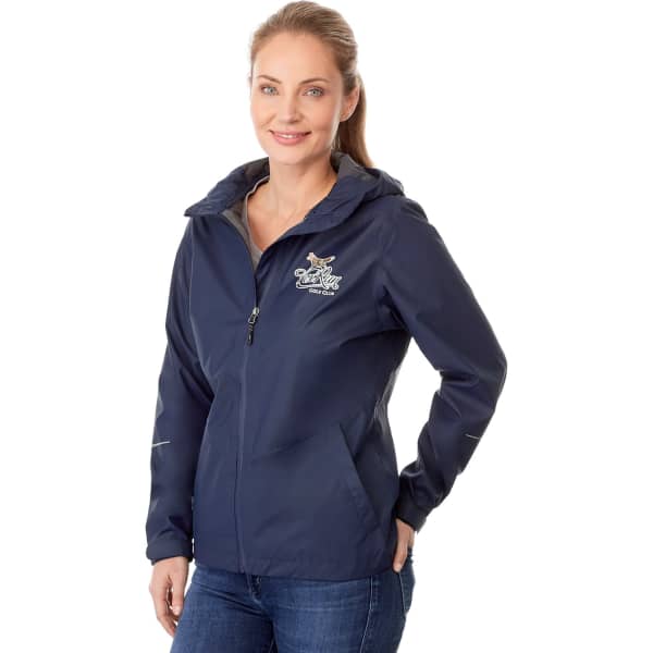 A women's rain jacket in navy blue with a hood and a logo on the front. Casual fit with zip and pockets.