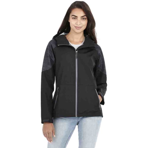 A women's softshell jacket in black with a hood and contrasting panel detailing. Features a branded logo.