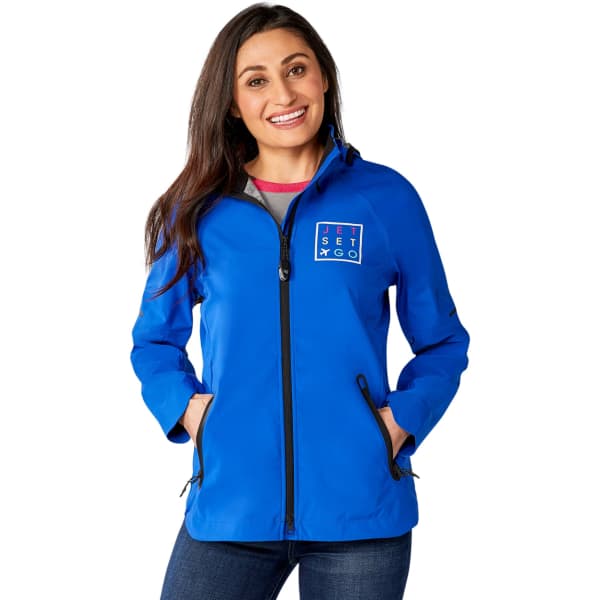 A women’s blue Oracle softshell jacket featuring a logo, with a zip front and pockets.