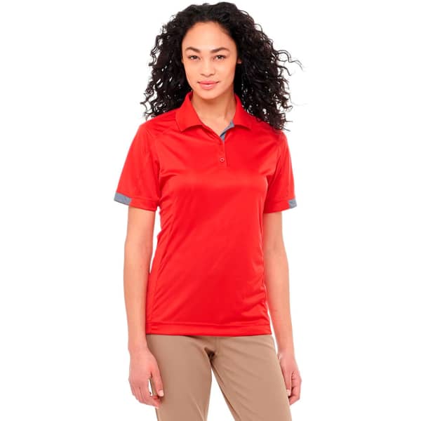 A red women's polo shirt with short sleeves and grey accents, featuring a collar and a logo.