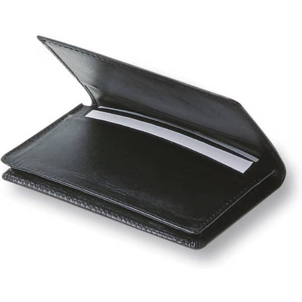 A black business card holder with a sleek design and an internal pocket for cards. It features an embossed logo.