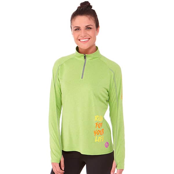 A women's quarter zip jacket in bright green with long sleeves and a logo. Features a stylish design and a comfortable fit.