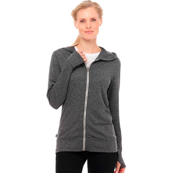 A women's full zip hoody in dark grey, featuring a fitted design and a hood, with an accompanying logo.