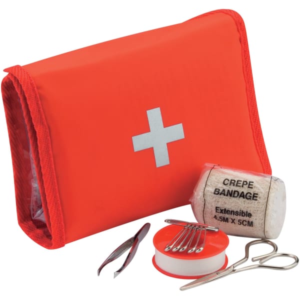 An orange first aid kit containing a crepe bandage, tweezers, scissors, and safety pins.