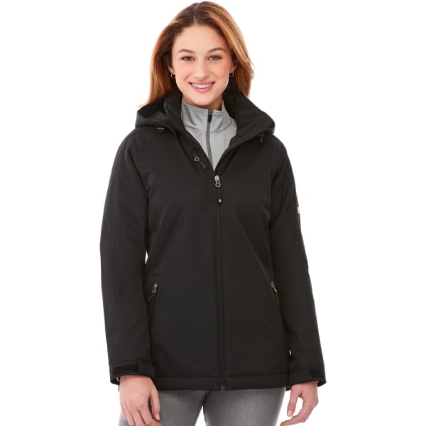 A black insulated softshell jacket for women with a grey interior and a hood, featuring a zipped front and pockets.