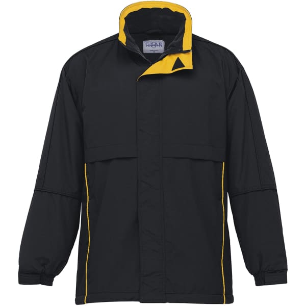 A black rain jacket featuring yellow accents and a logo on the chest area.