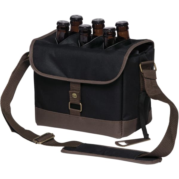A drink bottle caddy cooler in black and brown holding five bottles, featuring a shoulder strap and a logo.