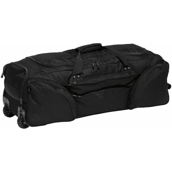 A large black wheeled travel bag with multiple compartments and sturdy handles. It features a logo on the side.