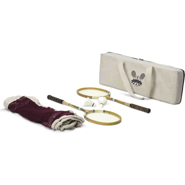 A maroon badminton net, two rackets, shuttlecocks, and a carrying bag with a logo.