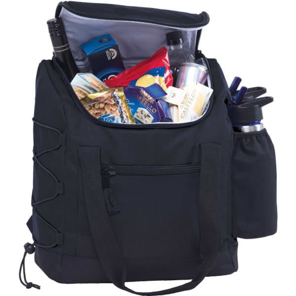 A black insulated cooler bag filled with drinks and snacks, featuring a side pocket for a drink bottle.