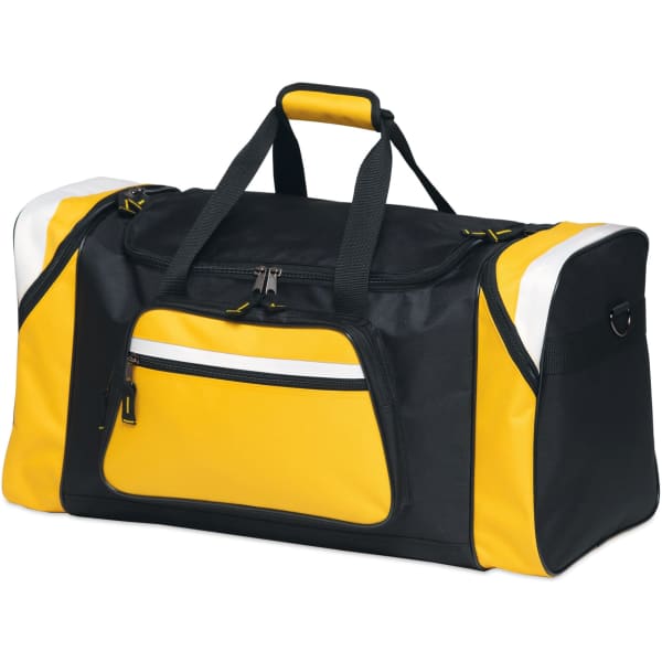 A black and yellow duffle bag featuring a front zip pocket and reinforced handles, including a logo on the side.