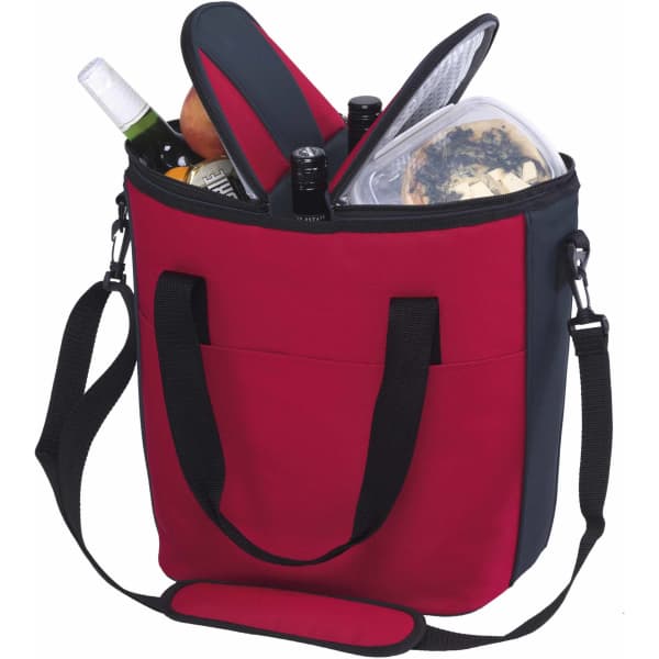 A red and grey cooler bag with a zippered top, filled with beverage bottles, an apple, and a food container.