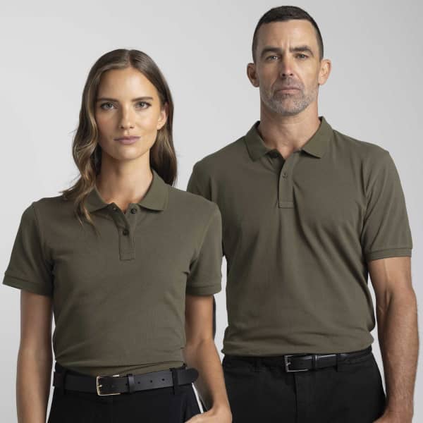 A men's olive green polo shirt with a collar, worn by a male model, alongside a female model in a matching style.