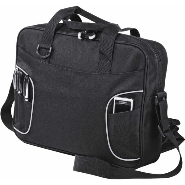 A black satchel with multiple pockets, featuring a shoulder strap and handles, designed for carrying various items.