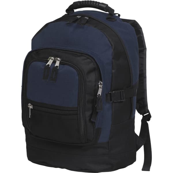 A navy and black backpack featuring a front pocket, side straps, and a padded handle on top. It has a logo.