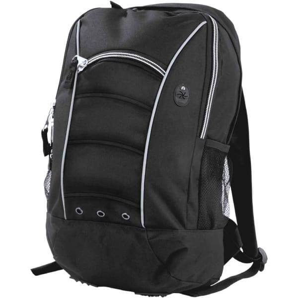 A black backpack with padded panels, featuring a zippered compartment and mesh side pockets. It has a logo on the front.