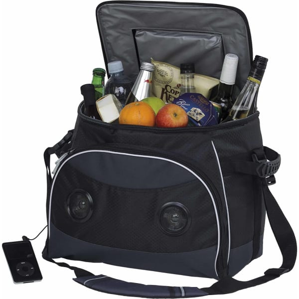 A black cooler bag filled with drinks and fruit, featuring speakers and an attached music device.