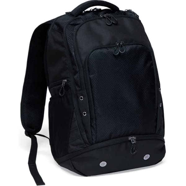 A black Grid-Lock Backpack with multiple zippers and pockets, featuring a smooth, textured design.