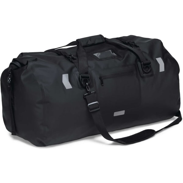 A black duffle bag with reflective accents and multiple zip compartments, featuring a sturdy handle and shoulder strap.