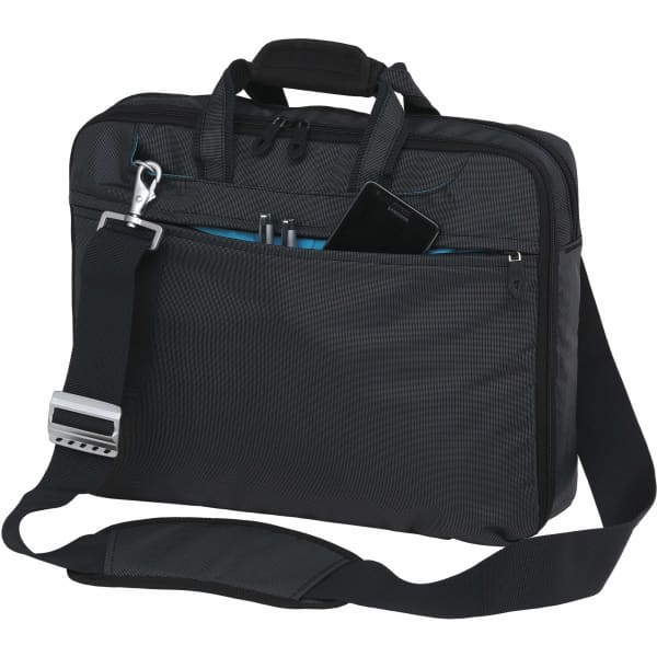 A black laptop bag with a shoulder strap, featuring multiple pockets and a logo on the front.
