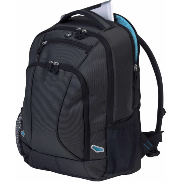 A grey backpack with a sleek design, featuring padded compartments and a mesh side pocket. It has a logo on it.