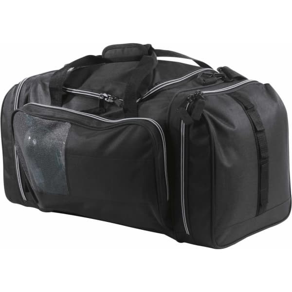 A black duffle bag with multiple compartments and a mesh pocket, featuring an attached handle and straps.