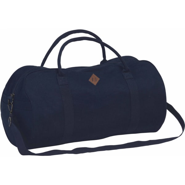 A navy blue duffle bag with sturdy handles and a detachable shoulder strap, featuring a logo patch.