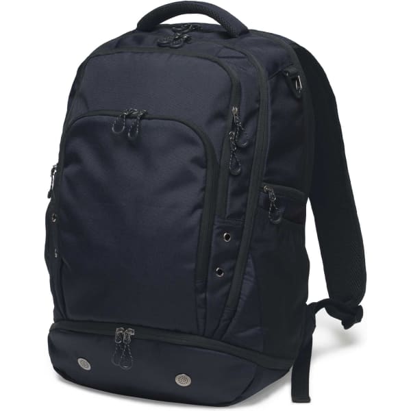 A black Metro-Lock Backpack with multiple compartments and zippers, featuring a logo on the front.