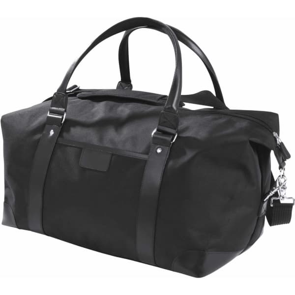 A black duffle bag with sturdy handles, a shoulder strap, and a branded logo. Ideal for travel or gym use.