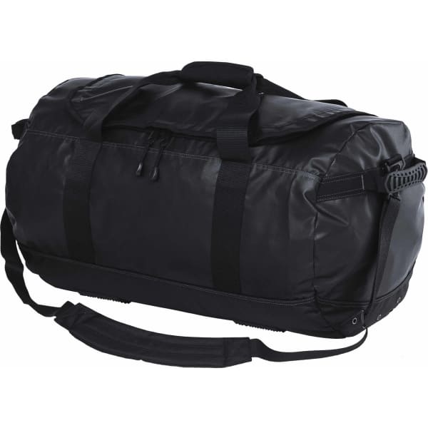 A black duffle bag with strong handles and a detachable shoulder strap, featuring a logo on the side.