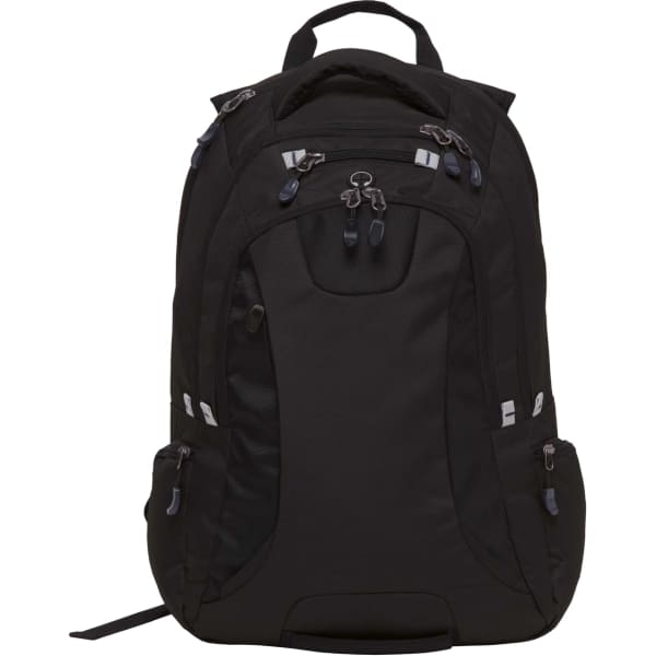 A black backpack with multiple zippers, pockets, and padded straps. It has a logo on the front.