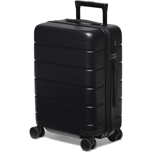 A black hardcase trolley with a handle and wheels, featuring a sleek design and a branding logo.