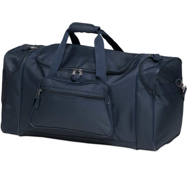 A navy blue duffle bag featuring a zippered main compartment and a front pocket, with dual handles and a shoulder strap.